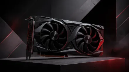 A graphics card with red illuminated cooling fans