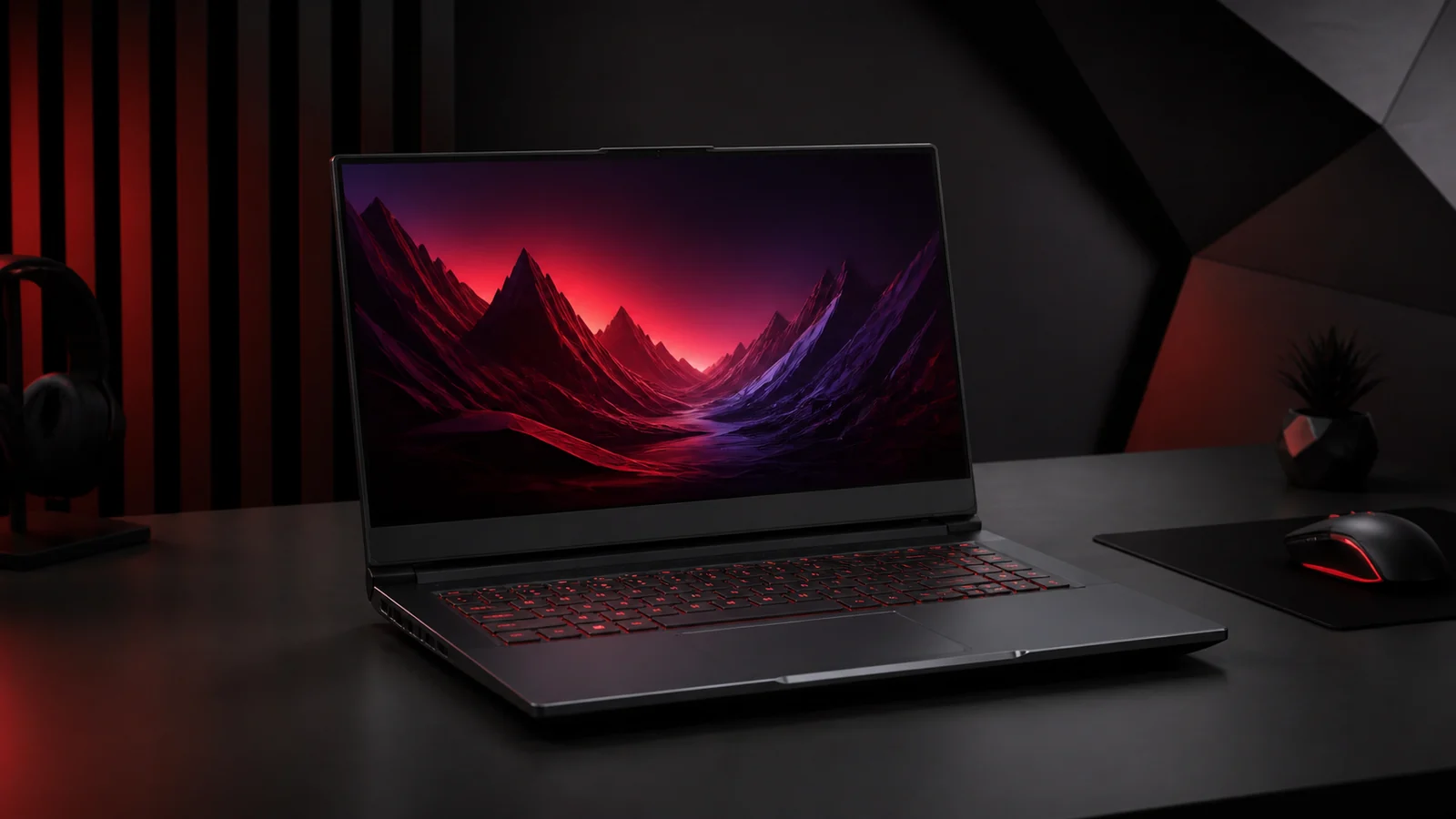 A gaming laptop glowing on a dark desk