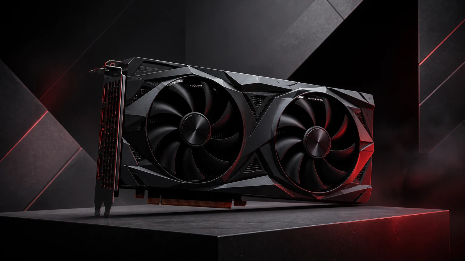 A graphics card with red illuminated cooling fans